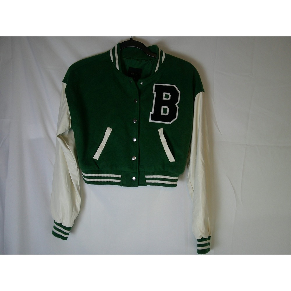 Love Tree Green Letterman Jacket Womens‎ Small Cropped Varsity Snap Front